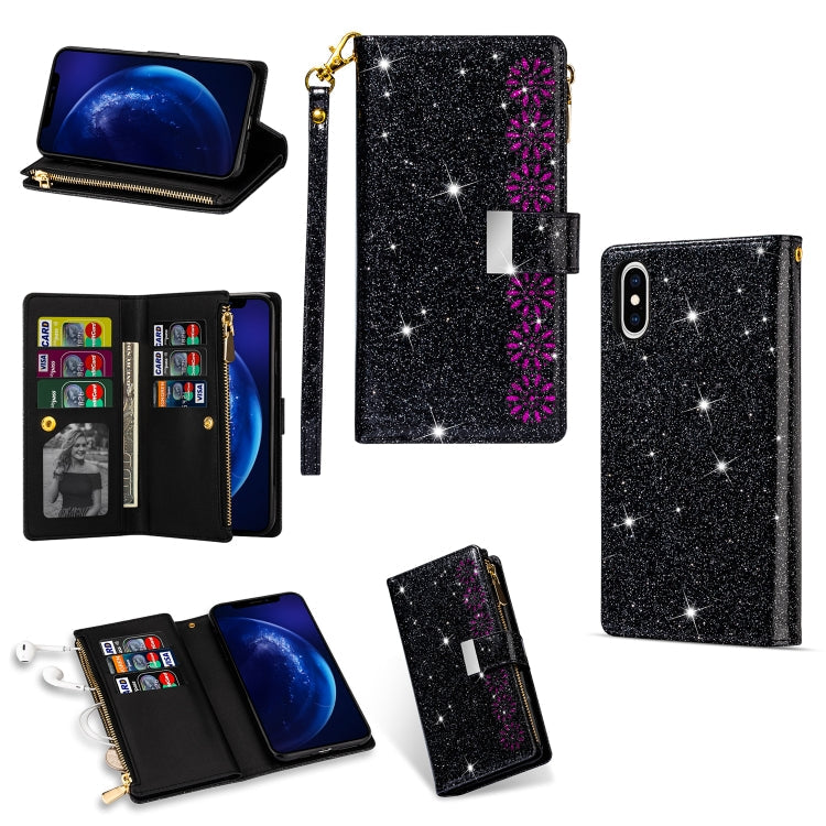 Multi-card Slots Starry Sky Laser Carving Glitter Zipper Horizontal Flip Leather Case with Holder & Wallet & Lanyard, For iPhone 11 Pro Max, For iPhone 11 Pro, For iPhone 11, For iPhone XS Max