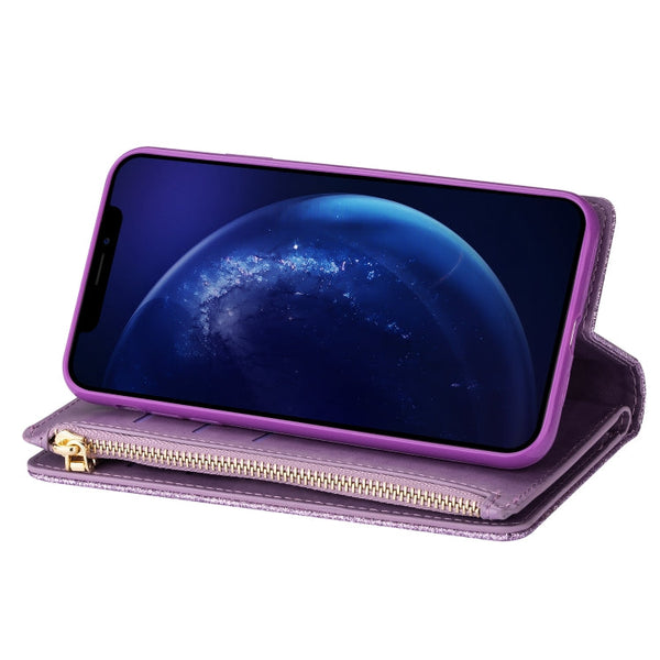 Multi-card Slots Starry Sky Laser Carving Glitter Zipper Horizontal Flip Leather Case with Holder & Wallet & Lanyard, For iPhone XR, For iPhone X / XS, For iPhone 8 Plus / 7 Plus, For iPhone SE 2022 / SE 2020 / 8 / 7