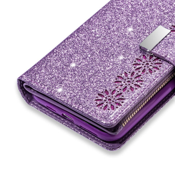 Multi-card Slots Starry Sky Laser Carving Glitter Zipper Horizontal Flip Leather Case with Holder & Wallet & Lanyard, For iPhone XR, For iPhone X / XS, For iPhone 8 Plus / 7 Plus, For iPhone SE 2022 / SE 2020 / 8 / 7