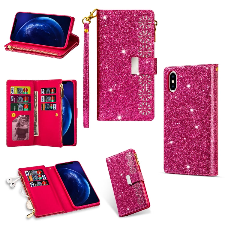 Multi-card Slots Starry Sky Laser Carving Glitter Zipper Horizontal Flip Leather Case with Holder & Wallet & Lanyard, For iPhone XR, For iPhone X / XS, For iPhone 8 Plus / 7 Plus, For iPhone SE 2022 / SE 2020 / 8 / 7