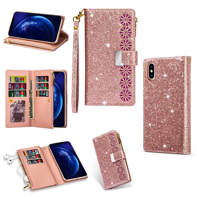 Multi-card Slots Starry Sky Laser Carving Glitter Zipper Horizontal Flip Leather Case with Holder & Wallet & Lanyard, For iPhone XR, For iPhone X / XS, For iPhone 8 Plus / 7 Plus, For iPhone SE 2022 / SE 2020 / 8 / 7