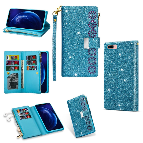 Multi-card Slots Starry Sky Laser Carving Glitter Zipper Horizontal Flip Leather Case with Holder & Wallet & Lanyard, For iPhone XR, For iPhone X / XS, For iPhone 8 Plus / 7 Plus, For iPhone SE 2022 / SE 2020 / 8 / 7