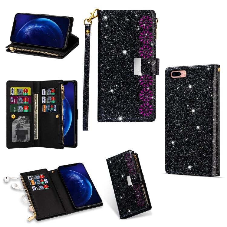 Multi-card Slots Starry Sky Laser Carving Glitter Zipper Horizontal Flip Leather Case with Holder & Wallet & Lanyard, For iPhone XR, For iPhone X / XS, For iPhone 8 Plus / 7 Plus, For iPhone SE 2022 / SE 2020 / 8 / 7