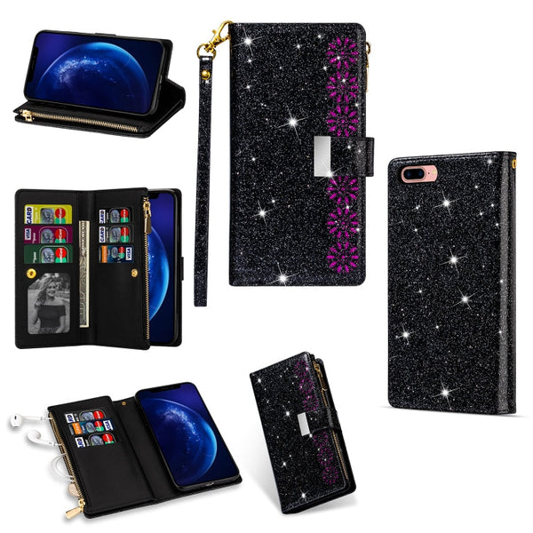 Multi-card Slots Starry Sky Laser Carving Glitter Zipper Horizontal Flip Leather Case with Holder & Wallet & Lanyard, For iPhone XR, For iPhone X / XS, For iPhone 8 Plus / 7 Plus, For iPhone SE 2022 / SE 2020 / 8 / 7