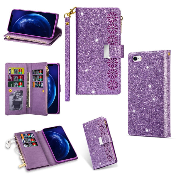 Multi-card Slots Starry Sky Laser Carving Glitter Zipper Horizontal Flip Leather Case with Holder & Wallet & Lanyard, For iPhone XR, For iPhone X / XS, For iPhone 8 Plus / 7 Plus, For iPhone SE 2022 / SE 2020 / 8 / 7