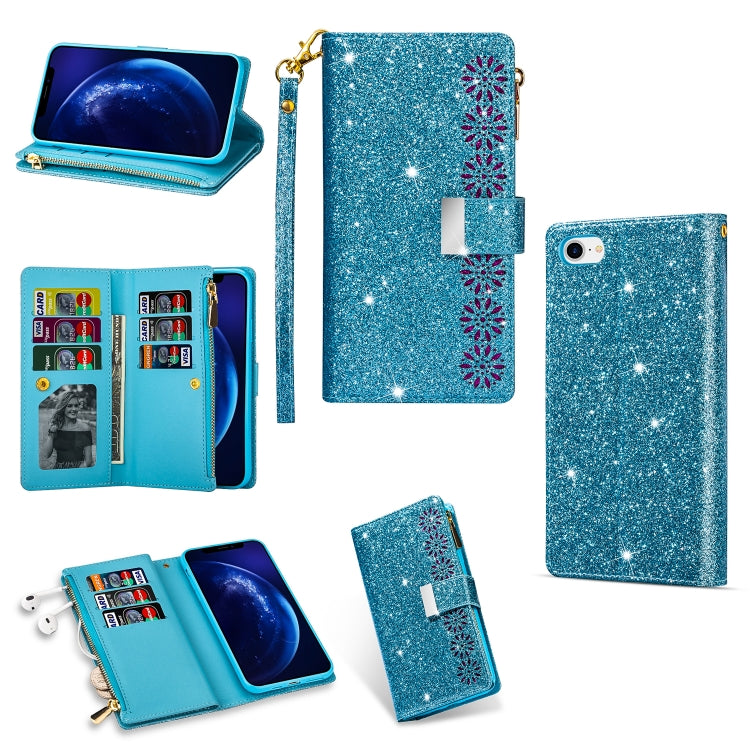 Multi-card Slots Starry Sky Laser Carving Glitter Zipper Horizontal Flip Leather Case with Holder & Wallet & Lanyard, For iPhone XR, For iPhone X / XS, For iPhone 8 Plus / 7 Plus, For iPhone SE 2022 / SE 2020 / 8 / 7