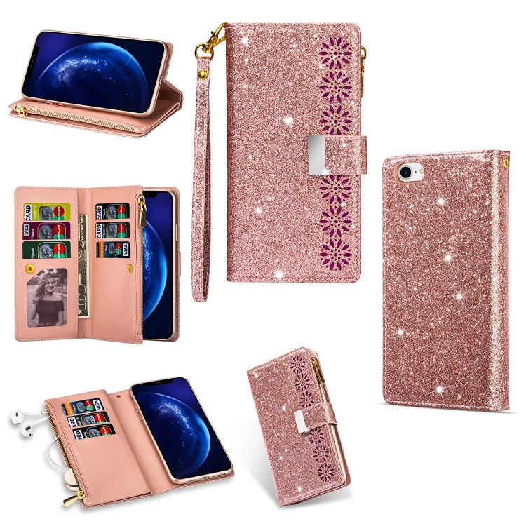 Multi-card Slots Starry Sky Laser Carving Glitter Zipper Horizontal Flip Leather Case with Holder & Wallet & Lanyard, For iPhone XR, For iPhone X / XS, For iPhone 8 Plus / 7 Plus, For iPhone SE 2022 / SE 2020 / 8 / 7