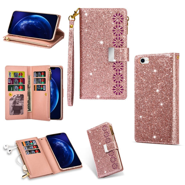 Multi-card Slots Starry Sky Laser Carving Glitter Zipper Horizontal Flip Leather Case with Holder & Wallet & Lanyard, For iPhone XR, For iPhone X / XS, For iPhone 8 Plus / 7 Plus, For iPhone SE 2022 / SE 2020 / 8 / 7