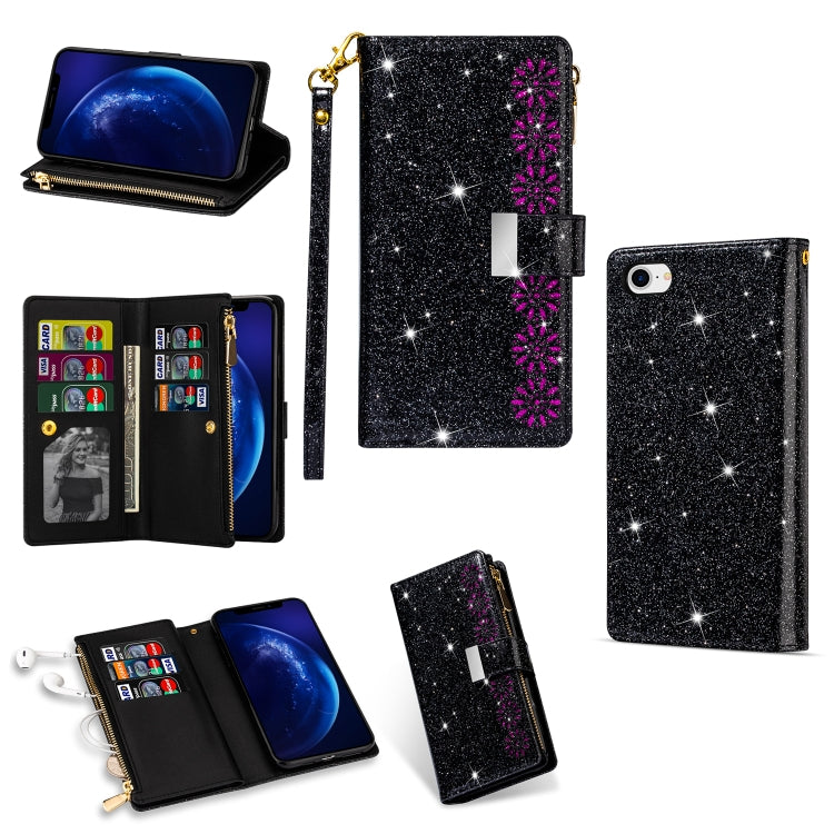 Multi-card Slots Starry Sky Laser Carving Glitter Zipper Horizontal Flip Leather Case with Holder & Wallet & Lanyard, For iPhone XR, For iPhone X / XS, For iPhone 8 Plus / 7 Plus, For iPhone SE 2022 / SE 2020 / 8 / 7