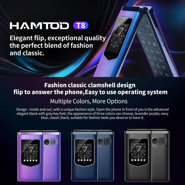 HAMTOD T8 4G Flip Phone, 2.8 inch + 1.77 inch, VoLTE, BT, SOS, OTG