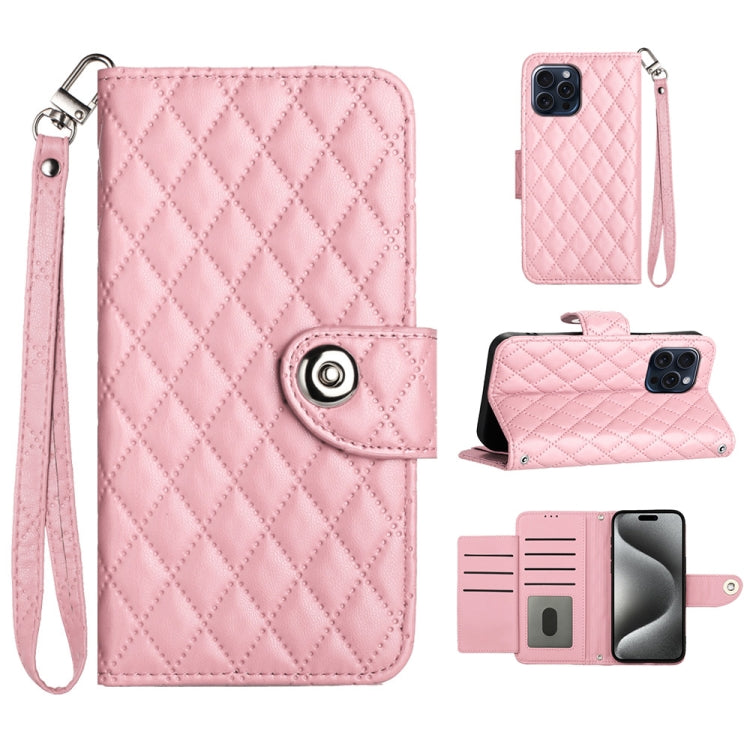 Rhombic Texture Flip Leather Phone Case with Lanyard