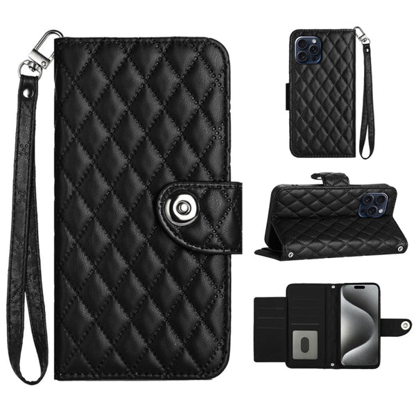 Rhombic Texture Flip Leather Phone Case with Lanyard
