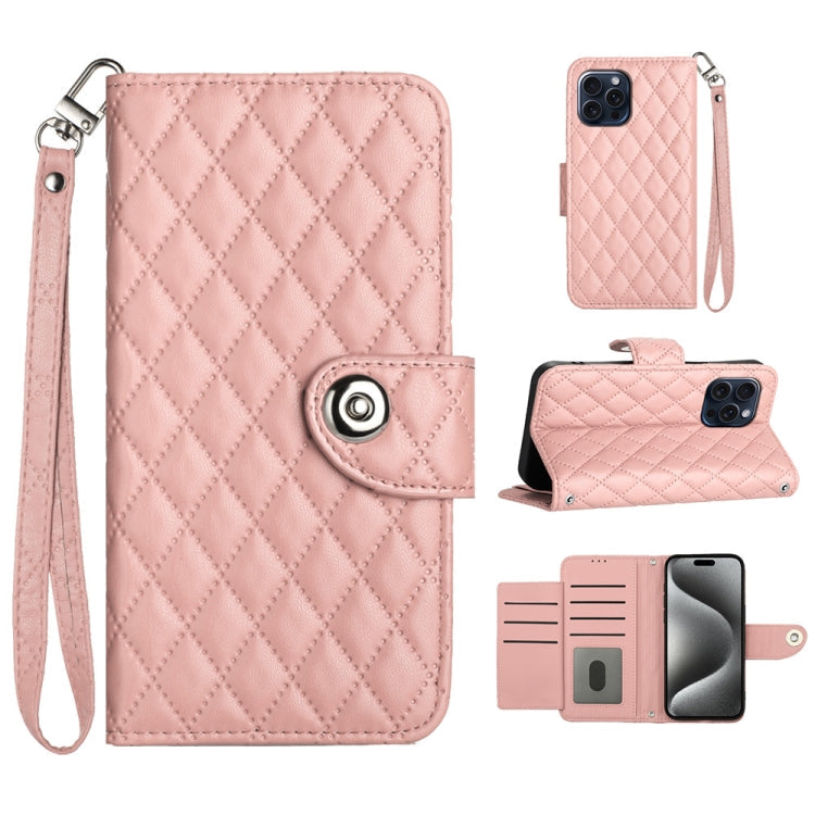 Rhombic Texture Flip Leather Phone Case with Lanyard