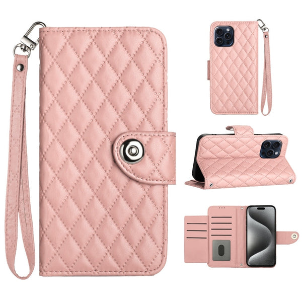Rhombic Texture Flip Leather Phone Case with Lanyard