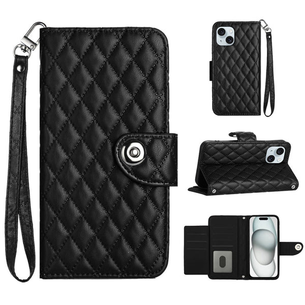Rhombic Texture Flip Leather Phone Case with Lanyard