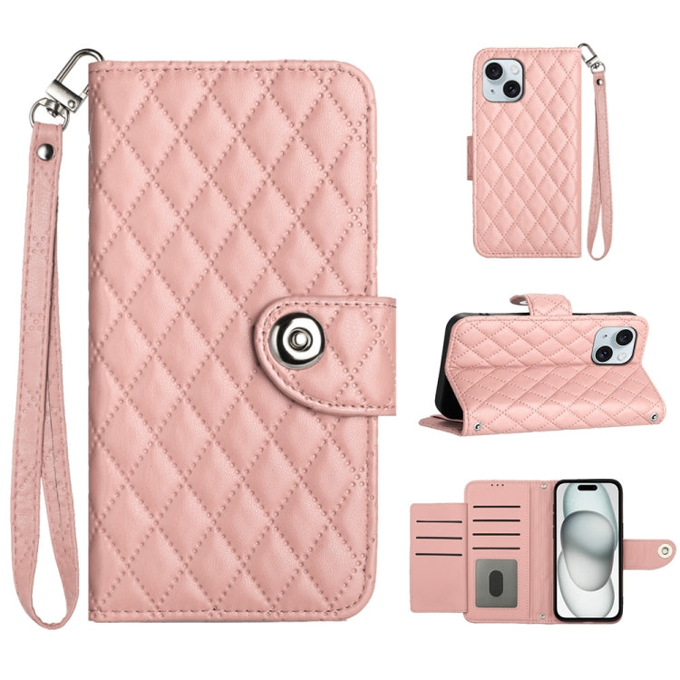 Rhombic Texture Flip Leather Phone Case with Lanyard