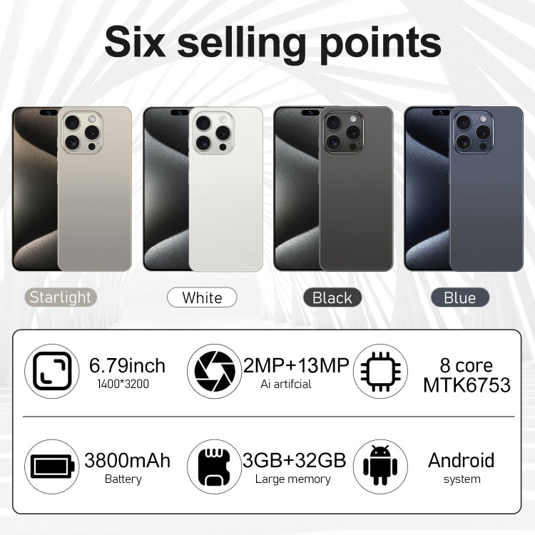 i15 Pro Max / VD1, 6.79 inch Screen, Face Identification, Android 8.1 MTK6753 Octa Core, Network: 4G, Dual SIM, 3GB+32GB