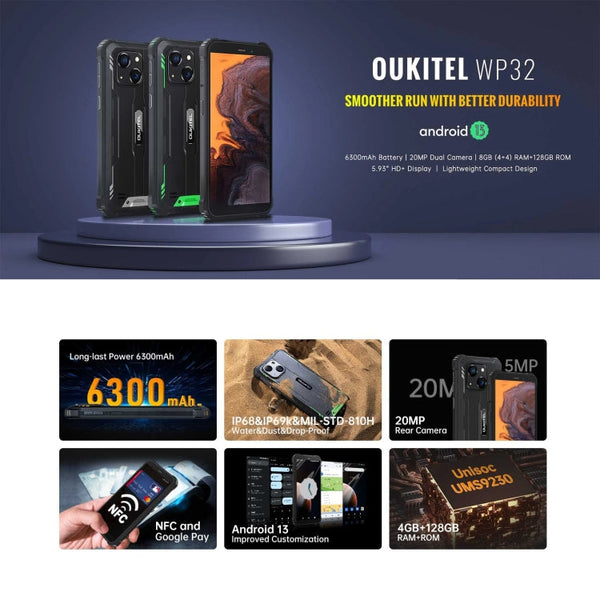 Oukitel WP32, IP68/IP69K, 5.93 inch Android 13 Unisoc Tiger T606 Octa-core, NFC, OTG, Network: 4G