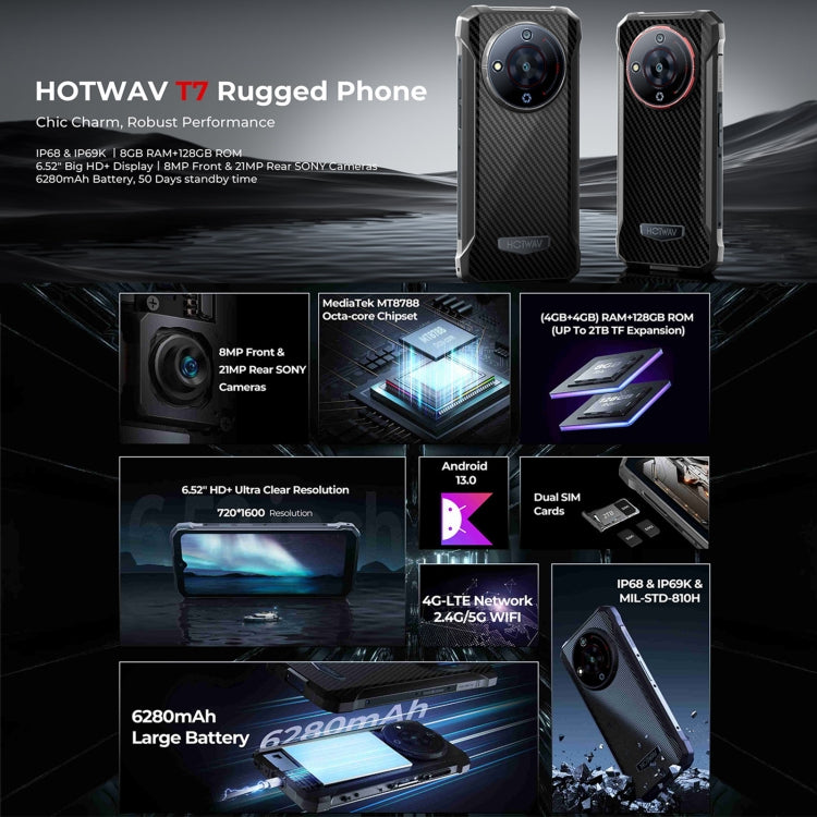 HOTWAV T7 Rugged Phone, 6280mAh, 6.52 inch Android 13 MT8788 Octa Core, Network: 4G, OTG