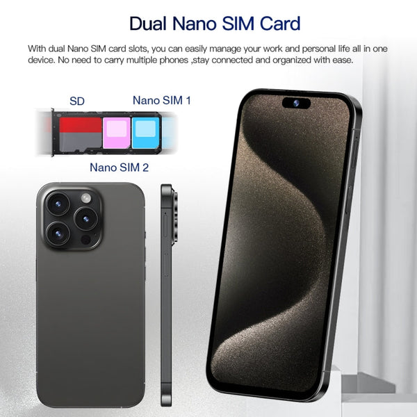 i15 Pro Max / Q5, 6.5 inch Screen, Face Identification, Android 8.1 MTK6580P Quad Core, Network: 3G, Dual SIM, 2GB+16GB