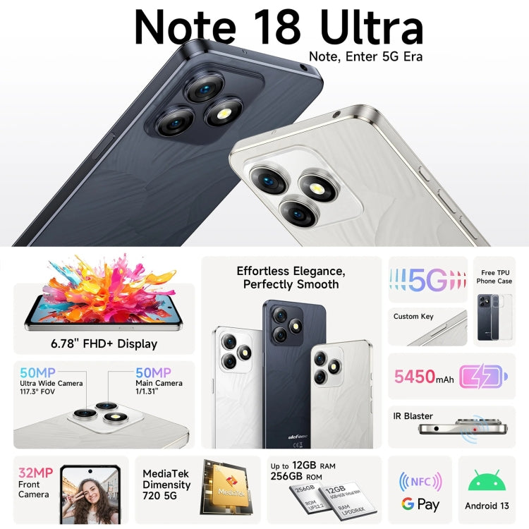 Ulefone Note 18 Ultra, Side Fingerprint, 6.78 inch Android 13 MediaTek Dimensity 720 5G MT6853 Octa Core 2.0GHz, NFC, Network: 5G