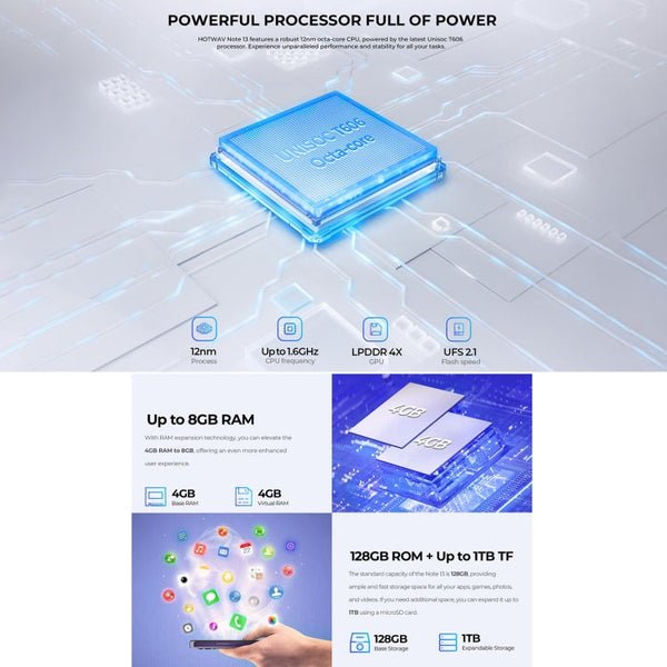 HOTWAV Note 13, Side Fingerprint Identification, 6.6 inch Android 13 T606 Octa Core up to 1.6GHz, Network: 4G, OTG