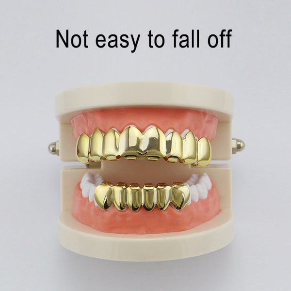 Hip Hop Accessories Gold Tooth Set Real Gold Plating Smooth Upper Eight Lower Six Denture Set