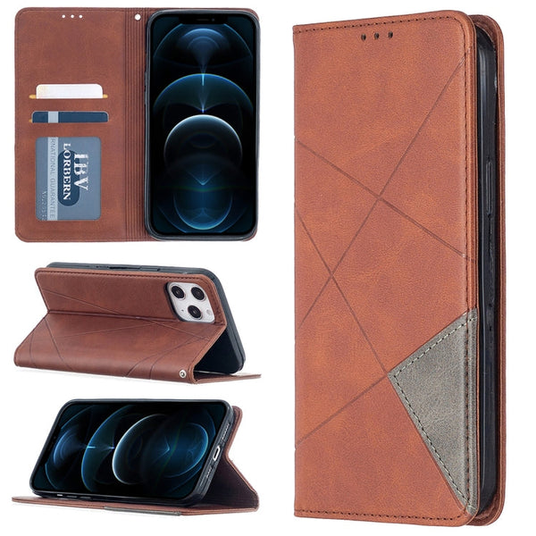 Rhombus Texture Horizontal Flip Magnetic Leather Case with Holder & Card Slots, For iPhone 12 Pro Max