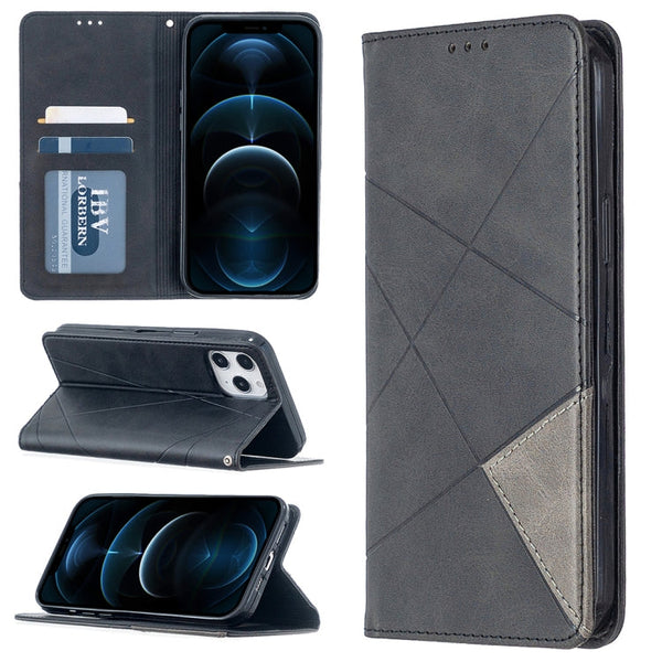 Rhombus Texture Horizontal Flip Magnetic Leather Case with Holder & Card Slots, For iPhone 12 Pro Max