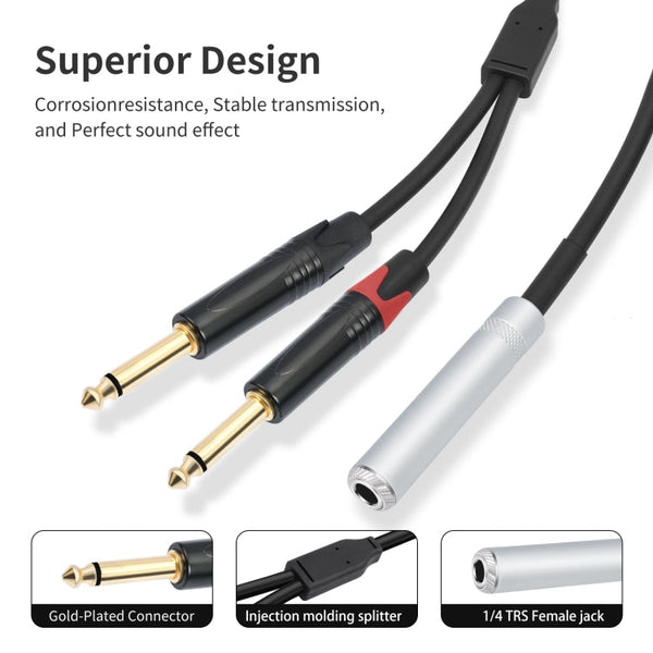 6.35mm 1/4 TRS Stereo Female to Dual Male Y-type Audio Cable, 6.35mm F to 2 x M