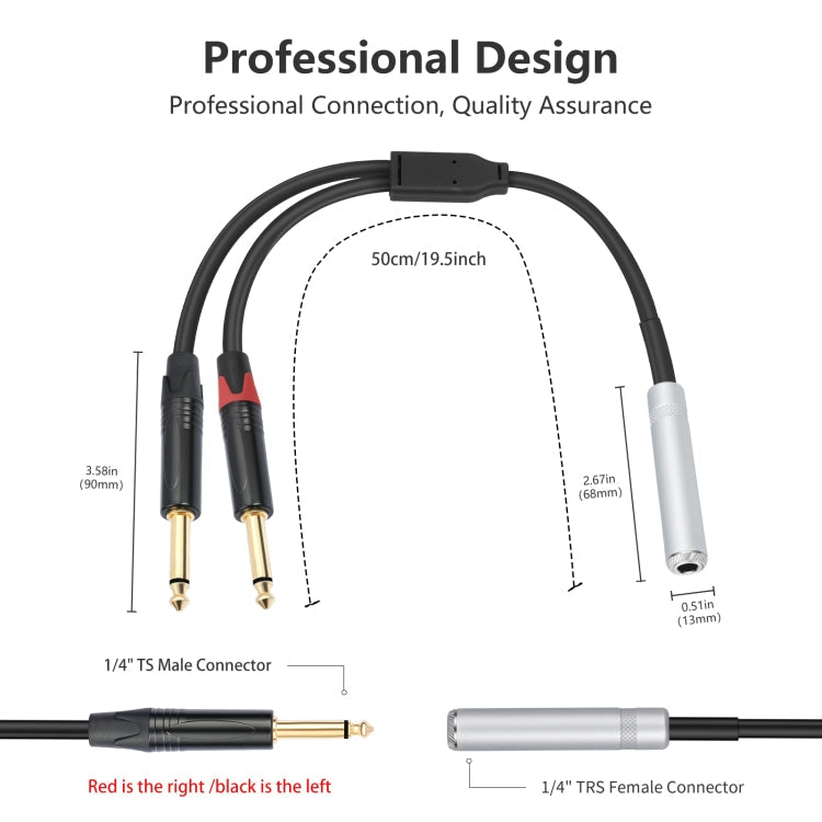 6.35mm 1/4 TRS Stereo Female to Dual Male Y-type Audio Cable, 6.35mm F to 2 x M