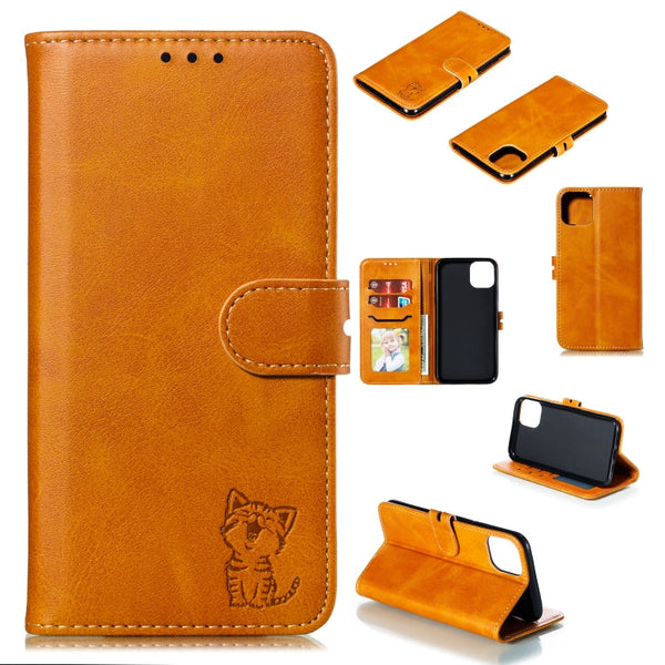Embossed Happy Cat Pattern Horizontal Flip Leather Case with Holder & Card Slots & Wallet & Photo Frame, For iPhone 12 mini, For iPhone 12 / 12 Pro, For iPhone 12 Pro Max