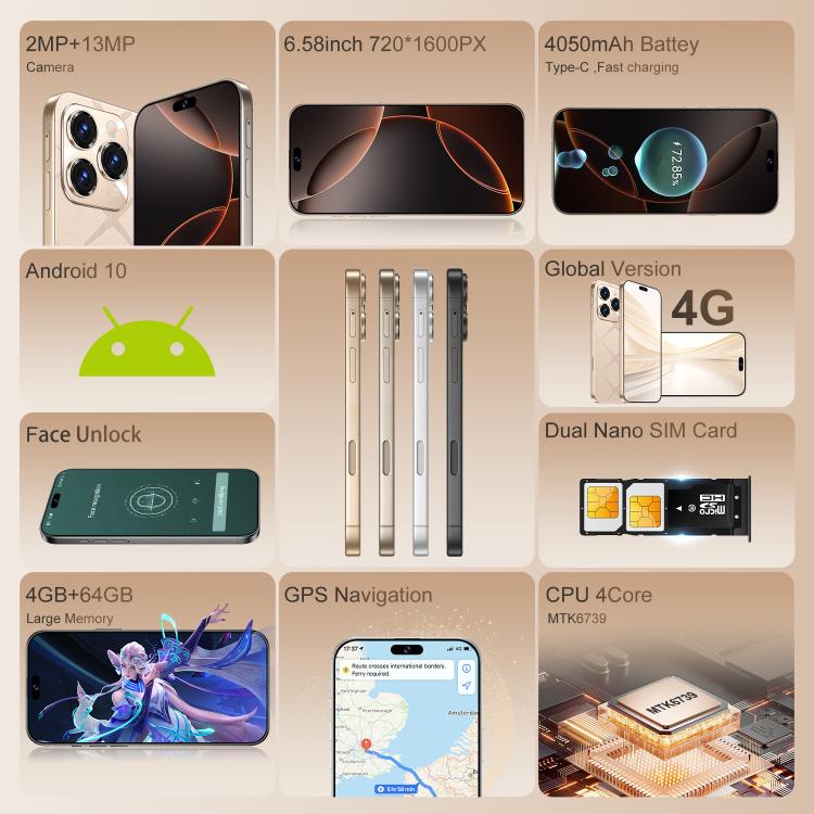 A16 Pro Max / PDA89-B, 4GB+64GB, 6.58 inch Android 10 MTK6739 Quad Core, Network: 4G, OTG, Dual SIM, EU Plug, US Plug, UK Plug, AU Plug