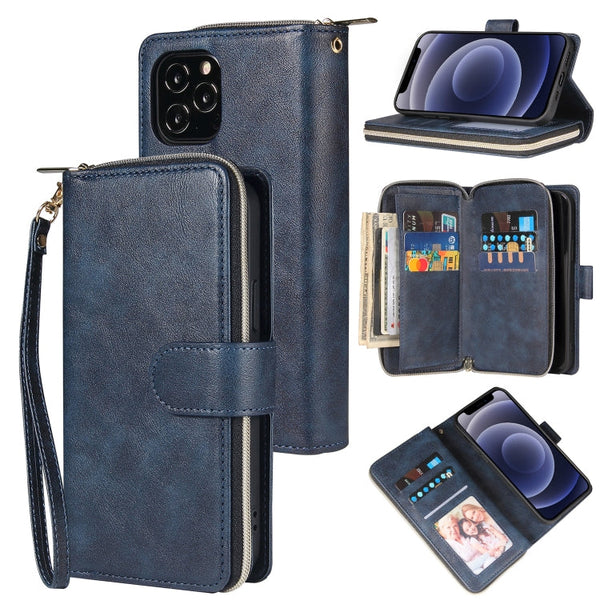 Zipper Wallet Bag Horizontal Flip PU Leather Case with Holder & 9 Card Slots & Wallet & Lanyard & Photo Frame, For iPhone 12 mini, For iPhone 12 / 12 Pro, For iPhone 12 Pro Max, For iPhone X / XS