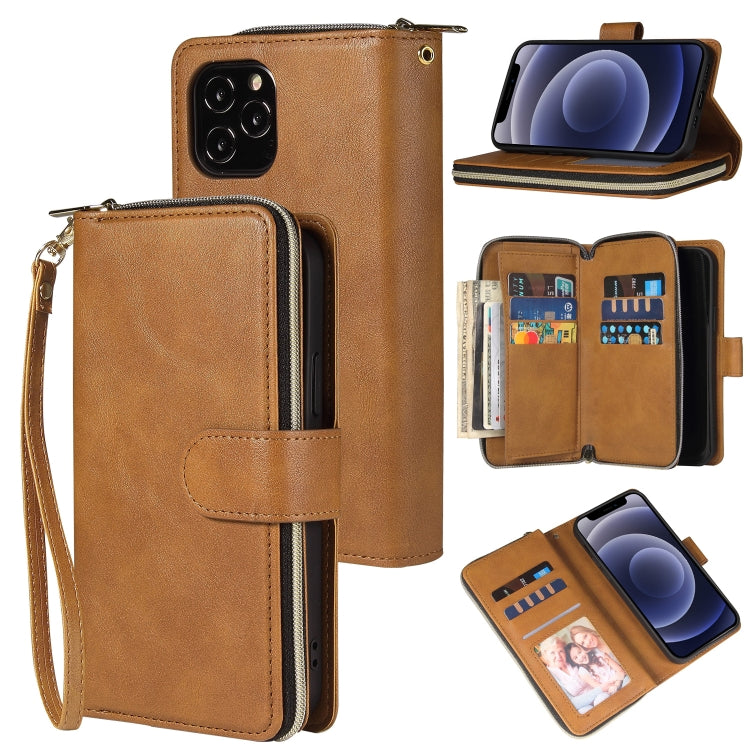 Zipper Wallet Bag Horizontal Flip PU Leather Case with Holder & 9 Card Slots & Wallet & Lanyard & Photo Frame, For iPhone 12 mini, For iPhone 12 / 12 Pro, For iPhone 12 Pro Max, For iPhone X / XS