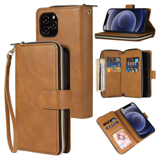 Zipper Wallet Bag Horizontal Flip PU Leather Case with Holder & 9 Card Slots & Wallet & Lanyard & Photo Frame, For iPhone 12 mini, For iPhone 12 / 12 Pro, For iPhone 12 Pro Max, For iPhone X / XS