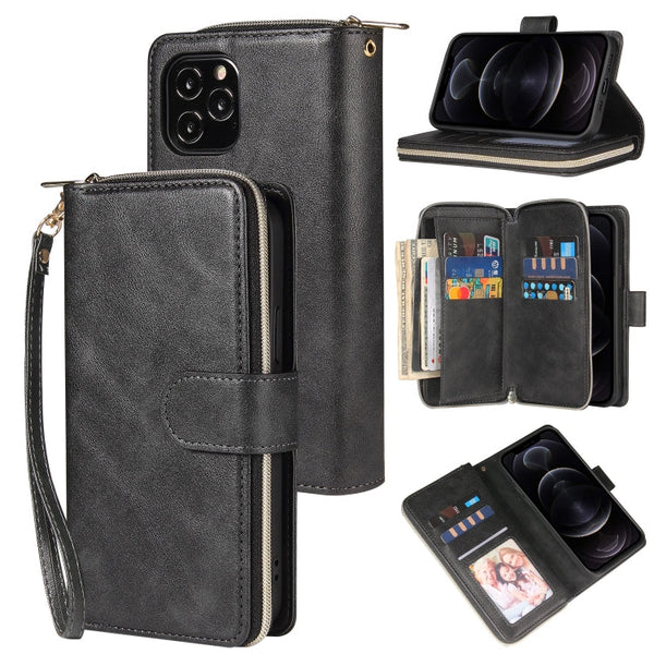 Zipper Wallet Bag Horizontal Flip PU Leather Case with Holder & 9 Card Slots & Wallet & Lanyard & Photo Frame, For iPhone 12 mini, For iPhone 12 / 12 Pro, For iPhone 12 Pro Max, For iPhone X / XS