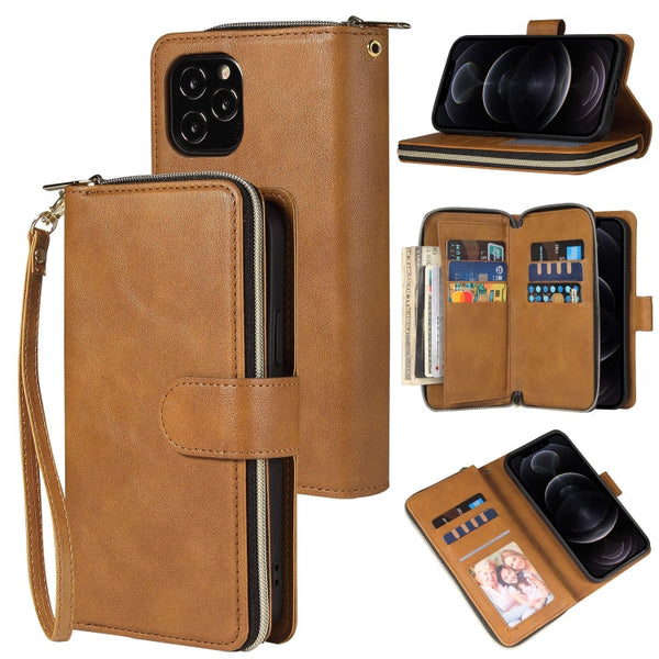 Zipper Wallet Bag Horizontal Flip PU Leather Case with Holder & 9 Card Slots & Wallet & Lanyard & Photo Frame, For iPhone 12 mini, For iPhone 12 / 12 Pro, For iPhone 12 Pro Max, For iPhone X / XS