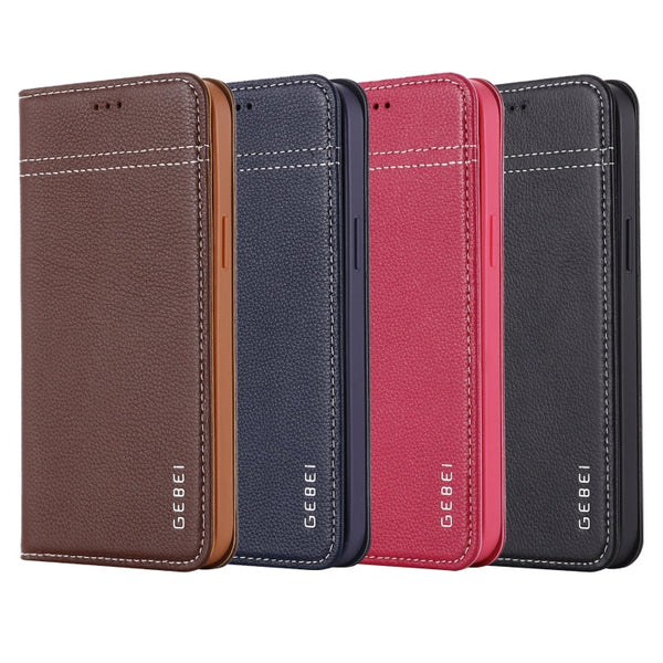 GEBEI Top-grain Leather Horizontal Flip Protective Case with Holder & Card Slots, For iPhone 12 mini, For iPhone 12 / 12 Pro, For iPhone 12 Pro Max