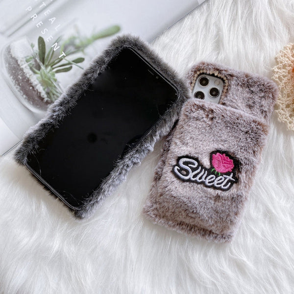 Rose Flower Hand Warmer Plush Shockproof TPU Case, For iPhone 12 / 12 Pro