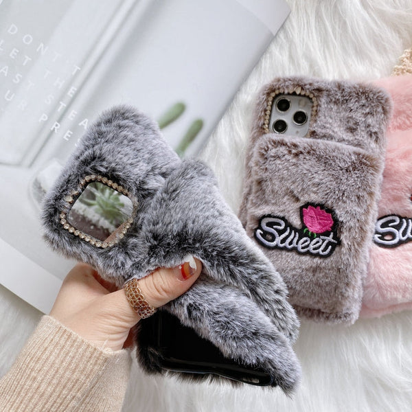 Rose Flower Hand Warmer Plush Shockproof TPU Case, For iPhone 12 / 12 Pro