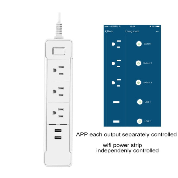 C198B 2 USB Ports + 3 US Sockets WiFi Smart Power Plug Socket, Compatible with Alexa and Google Home, AC 110V-240V, US Plug, White
