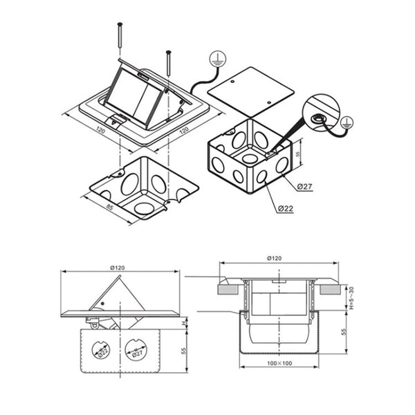 Hidden Pop-up Aluminum Alloy Computer Floor Socket with Cover Bottom Box, EU Plug