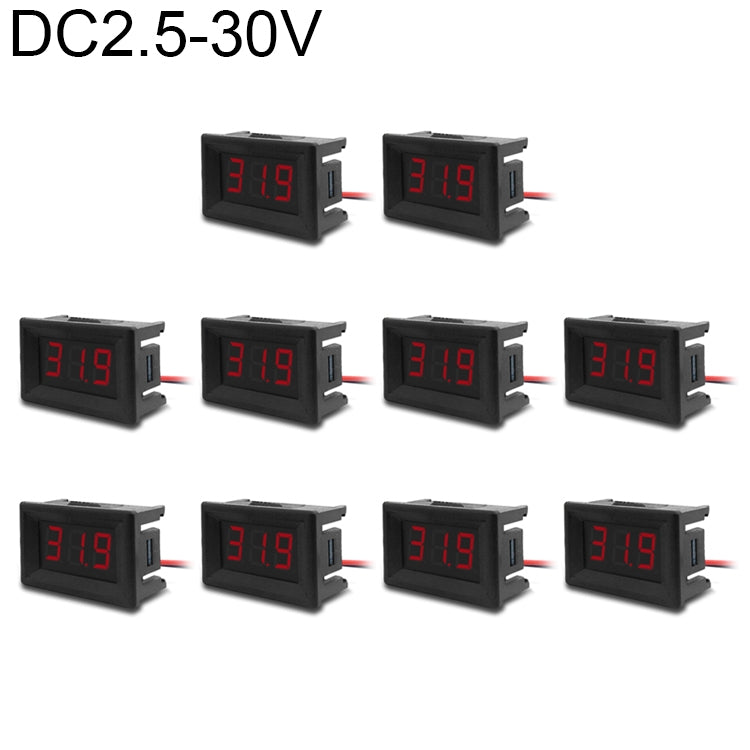 10 PCS 0.36 inch 2 Wires Digital Voltage Meter with Shell, Color Light Display, Measure Voltage: DC 2.5-30V