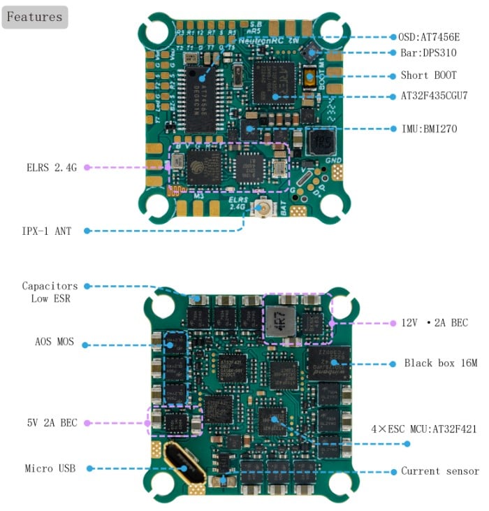 NeutronRC AT32F435 Mini 2S 12A AIO Flight Controller w/ ELRS