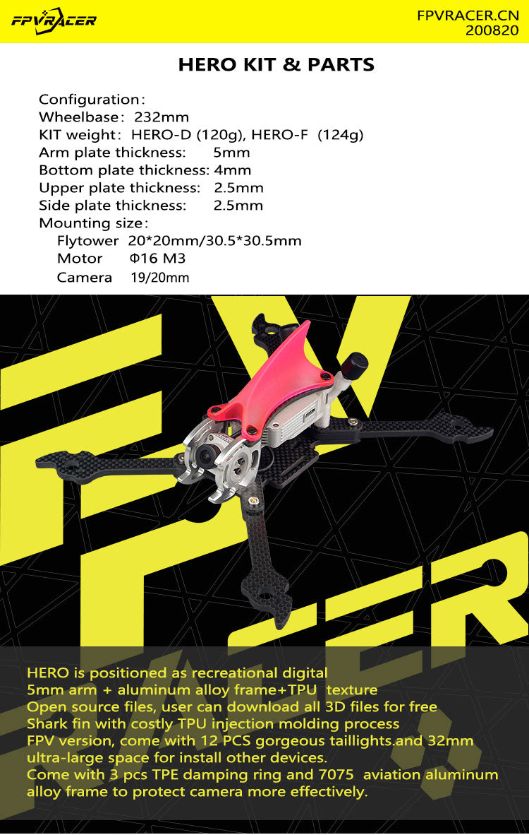 FPVracer Hero 5 FPV Quadcopter Frame (Hero-D, Hero-F)
