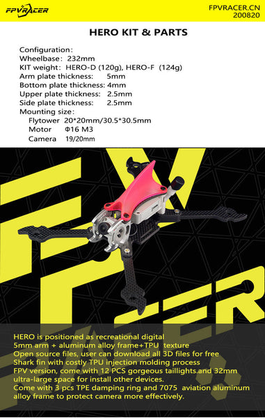 FPVracer Hero 5 FPV Quadcopter Frame (Hero-D, Hero-F)