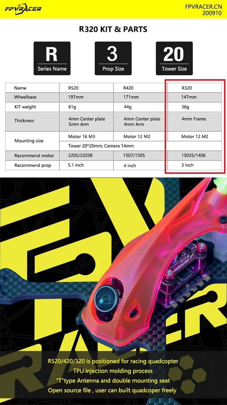 FPVracer R320 Ultralight 3" Long Range Quadcopter Frame