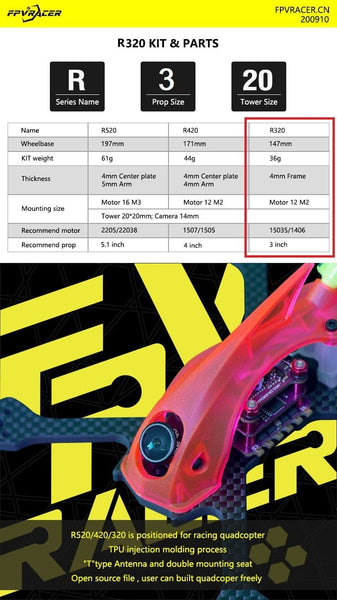 FPVracer R320 Ultralight 3" Long Range Quadcopter Frame