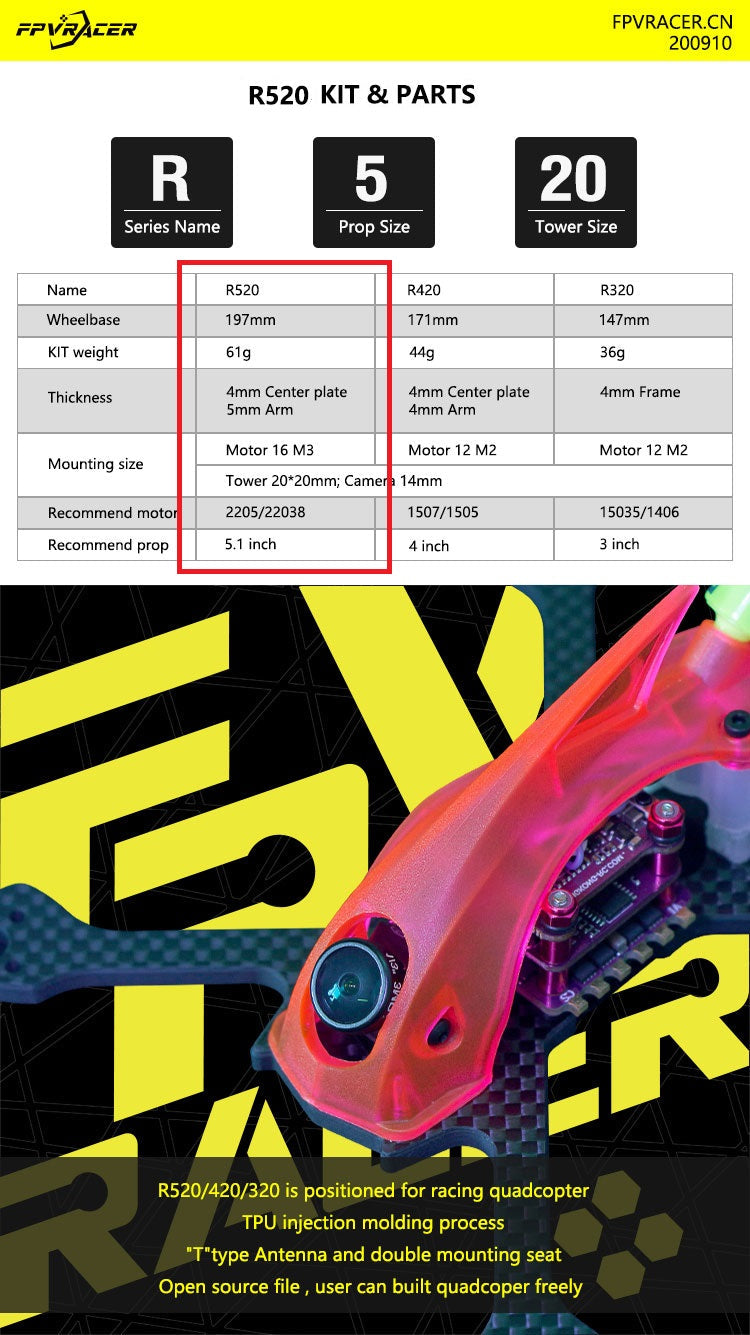 FPVracer R520 Ultralight 5" FPV Long Range Quadcopter Frame